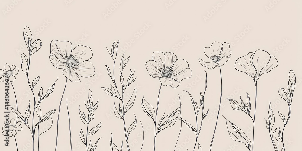 Fototapeta premium A minimalist botanical line art featuring delicate flowers and leaves on a neutral background