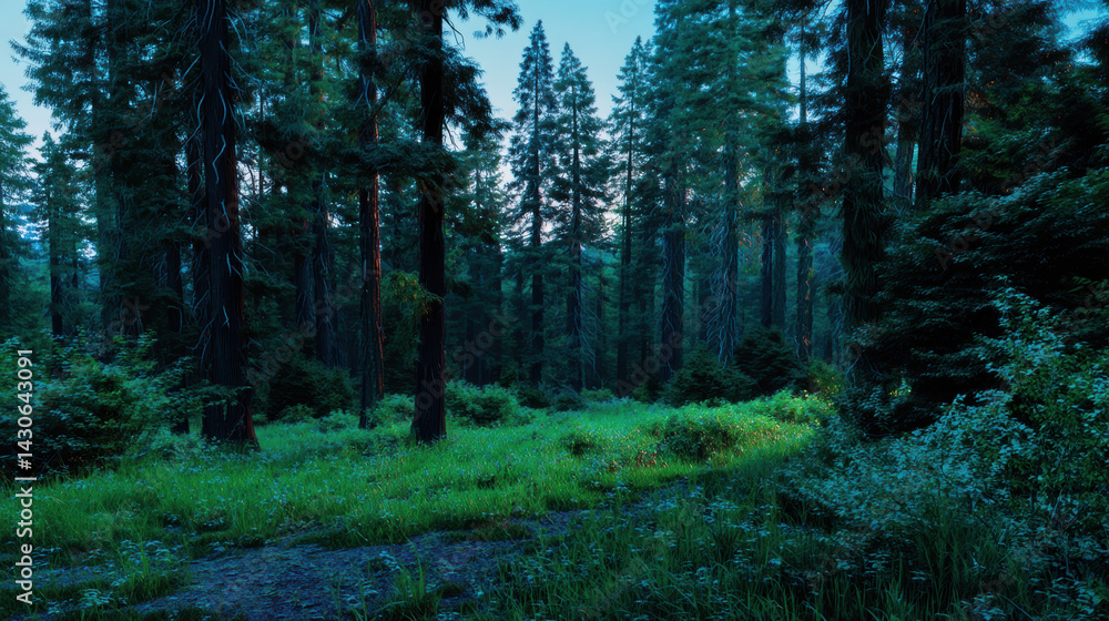 Fototapeta premium Tranquil forest scene features tall evergreen trees, lush green ground cover, and peaceful natural ambiance, enhanced by soft morning light: a serene landscape.