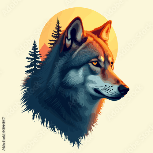 Sunset vector illustration of a wolf looking right, with trees and mountains blended into the background, warm and symbolic wildlife concept