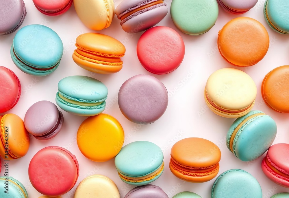 Obraz premium Seamless pattern of colorful macarons arranged on a stark white background, ideal for various designs, colorful, cute
