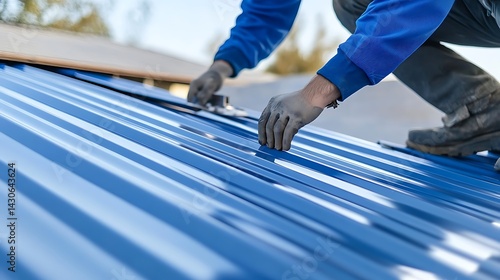 Worker Installing Blue Metal Roof Panels