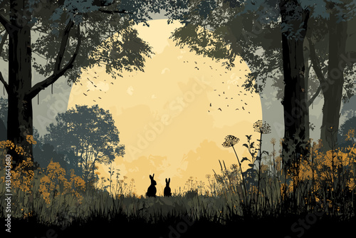 Night forest illustration with two rabbits sitting in a clearing under a large glowing moon, surrounded by trees and wild plants