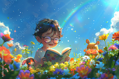 A joyful child with glasses reads a magical storybook amidst a vibrant field of colorful flowers under a bright sky with a rainbow and whimsical animal friends.