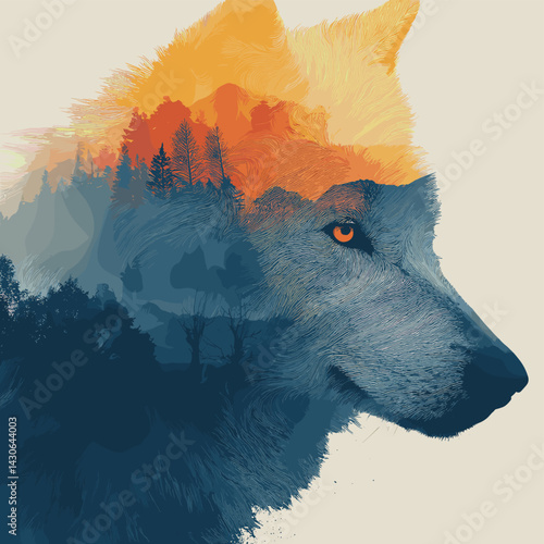 Artistic double exposure of a wolf with a vibrant forest and mountain scene blended into its head, symbol of wilderness and strength