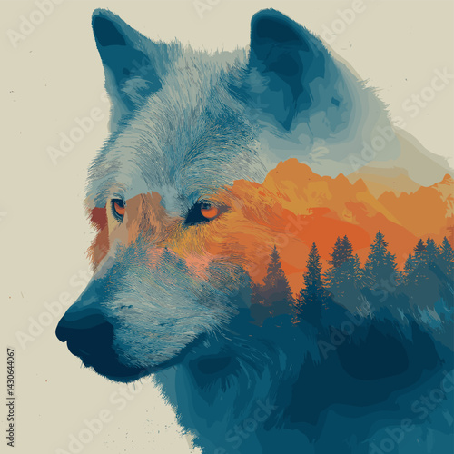 Double exposure illustration of a wolf with a forest and mountain landscape blended into its fur, symbolizing nature and wilderness