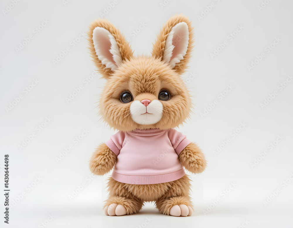 Adorable toy bunny with big, expressive eyes and a pink top. Adorable toy bunny with big, expressive eyes and a pink top.