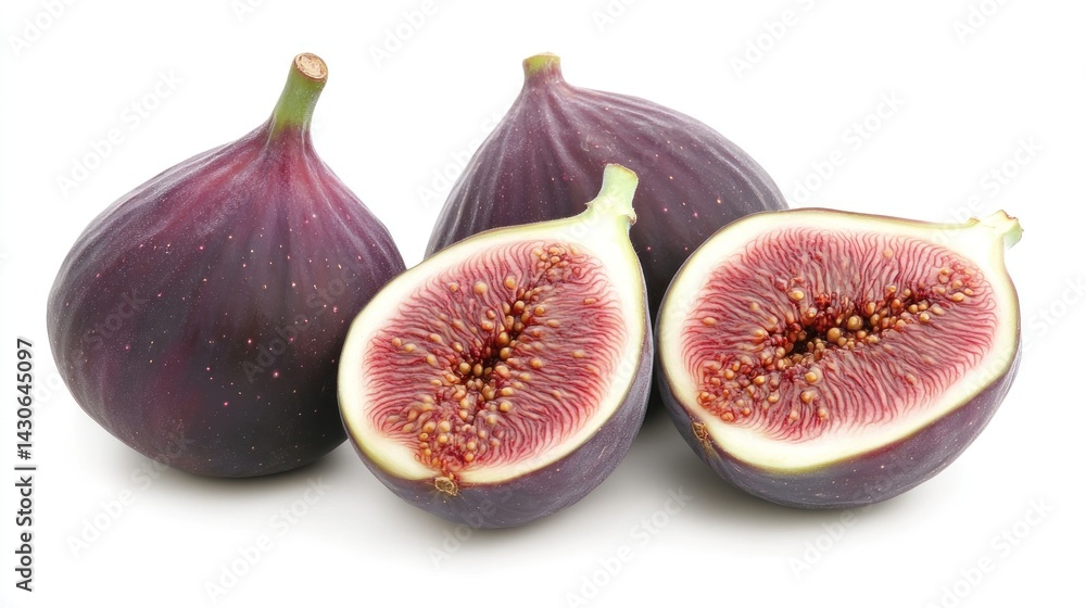 Fresh figs, whole and halved, vibrant purple and reddish flesh, a healthy and delicious fruit Fresh figs, whole and halved, vibrant purple and reddish flesh, a healthy and delicious fruit
