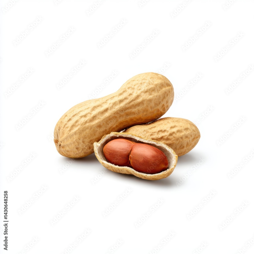 Three peanuts isolated close up isolated on white background Three peanuts isolated close up isolated on white background