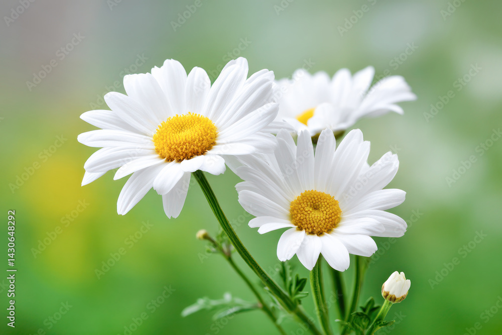 Obraz premium White daisies with yellow centers in soft focus against a green blurred background.