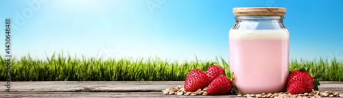 A mason jar of strawberry smoothie with fresh strawberries on a wooden table