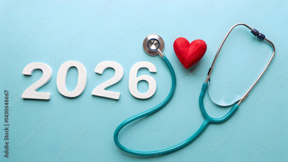 Fototapeta premium Stethoscope forming heart shape with 2026 text
