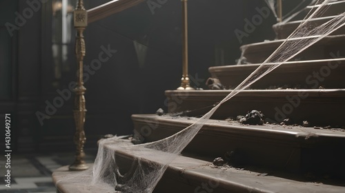 mansion staircase with cobwebs, rotting wood, and a faint ghostly presence lurking in the shadows