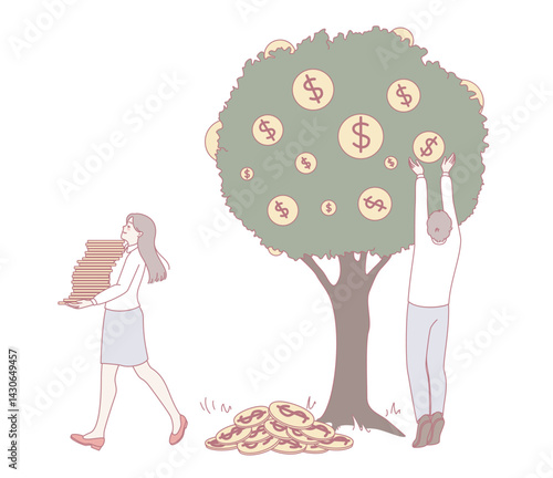 An illustration of money growth and achieving financial success through hard work and commitment to goals