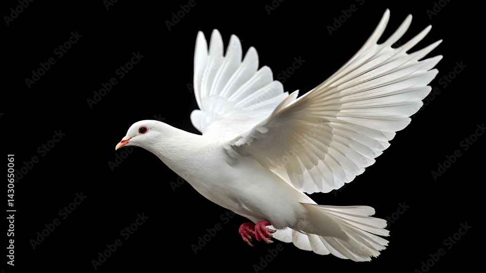 Fototapeta premium White dove in flight against black background
