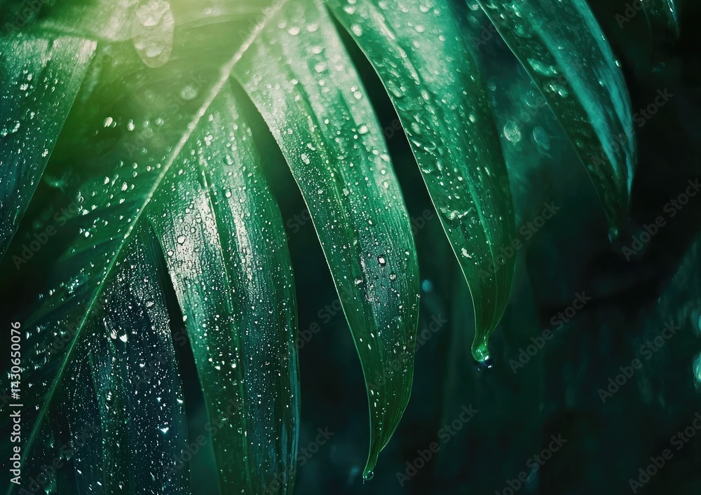 Obraz premium Green leaves with water drops. Natural background. Close-up