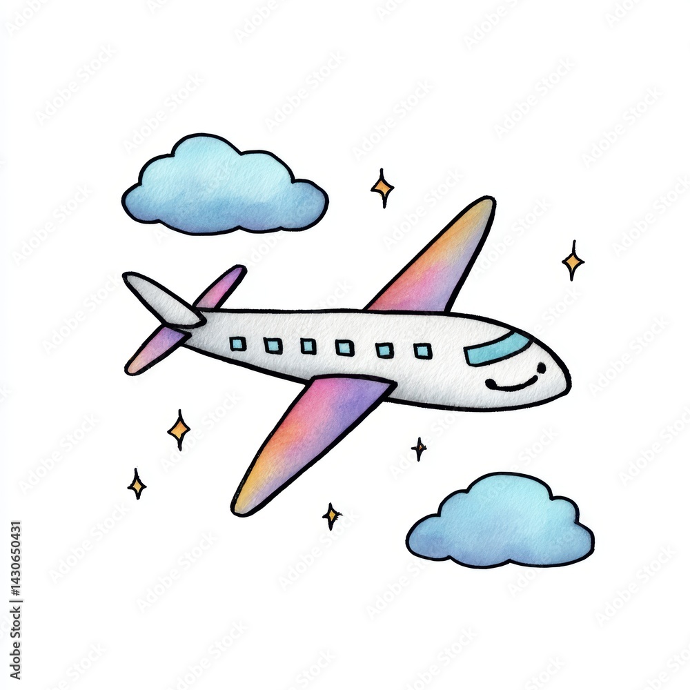 Naklejka premium Cartoon Airplane Flying Through Blue Sky with Clouds and Stars