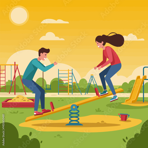 Children Playing on Seesaw at Playground with Warm Sunny Weather