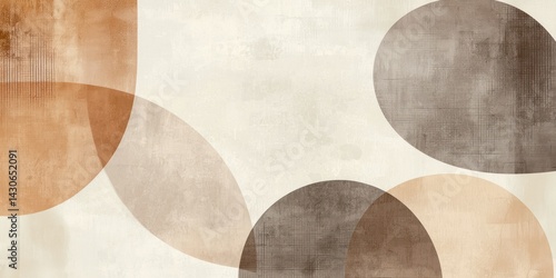 A modern abstract design with overlapping geometric and organic shapes in soft beige and muted browns