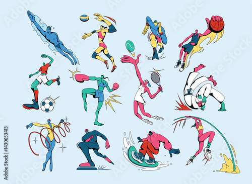 Dynamic athletes in action Swimmer boxer  more on blue