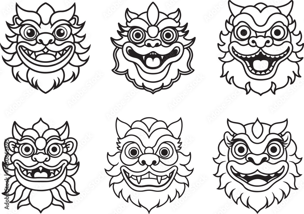 set of traditional lion dance mask line art, black outline, vector and illustration, coloring book page line art drawing set of traditional lion dance mask line art, black outline, vector and illustration, coloring book page line art drawing
