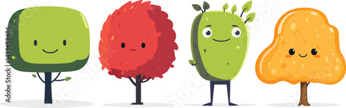 Cute tree characters set vector artwork, perfect for kids’ books, nature themes, and educational designs. Adorable cartoon-style trees ideal for nursery art, stickers, games, and creative projects