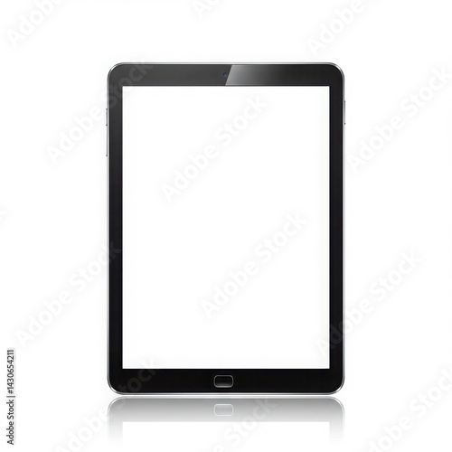 A front view of a black tablet with a blank white screen isolated on a white background with reflection