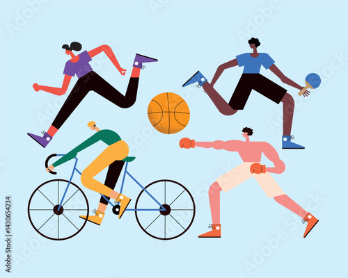 Sports medley Runners cyclist pingpong  boxing in bright colors on a light blue backdrop