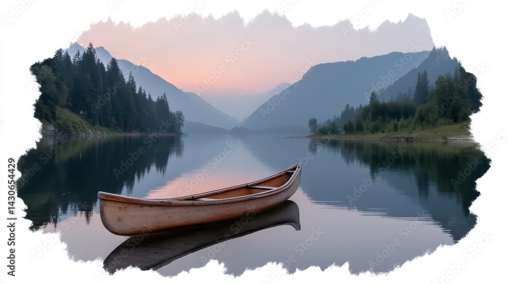 Fototapeta premium Serene Canoe on Calm Lake at Dawn Surrounded by Majestic Mountains
