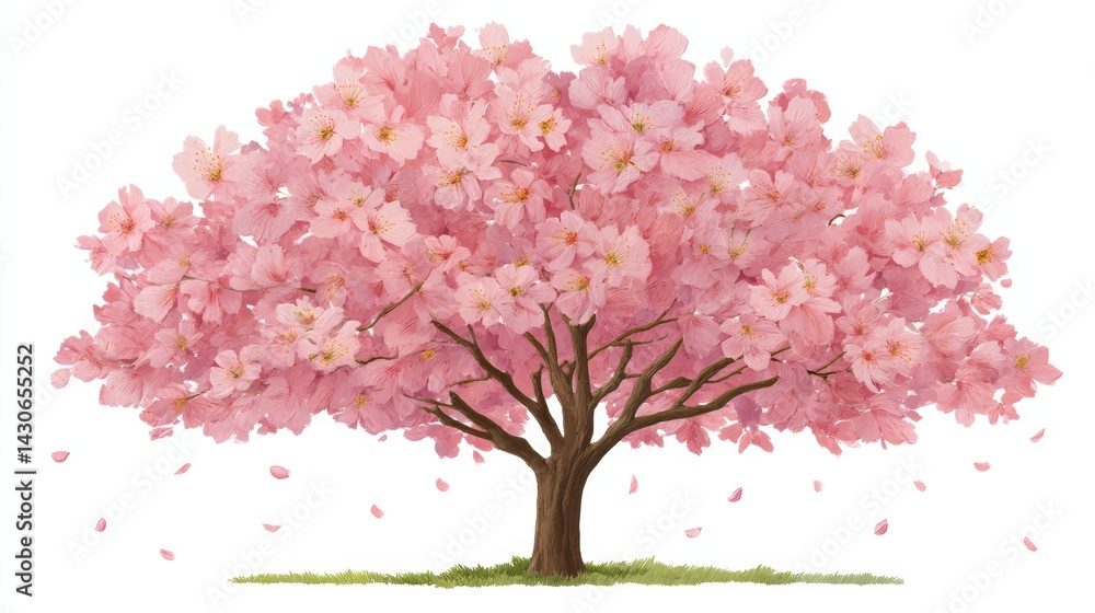 Vibrant Pink Cherry Blossom Tree with Falling Petals on White Background Vibrant Pink Cherry Blossom Tree with Falling Petals on White Background