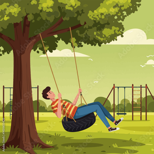 Man Relaxing on Tire Swing Under Tree in Park Illustration