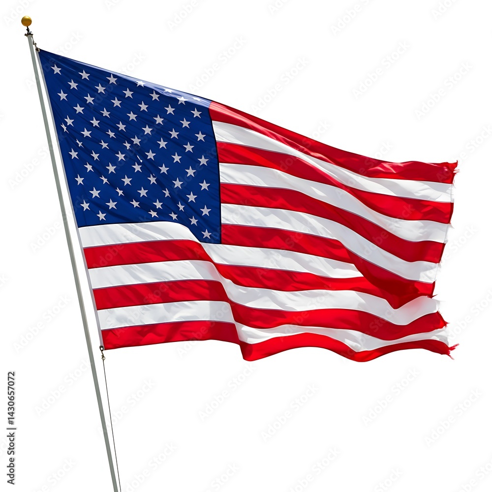 American flag waving proudly on a pole, full frame, isolated on white background American flag waving proudly on a pole, full frame, isolated on white background