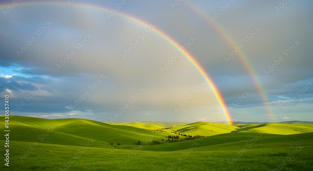 Naklejka premium Double Rainbow Shimmers over Rolling Green Wheat Fields of Palouse, Washington - Radiant, Serene Rural Landscape Painting with Pastel Sky, Vibrant Colors, Golden Hour Light