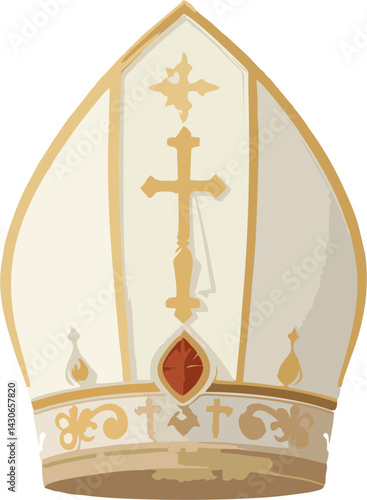 Elegant Papal Mitre Illustration with Gold Cross and Red Gem – Realistic Catholic Bishop Hat