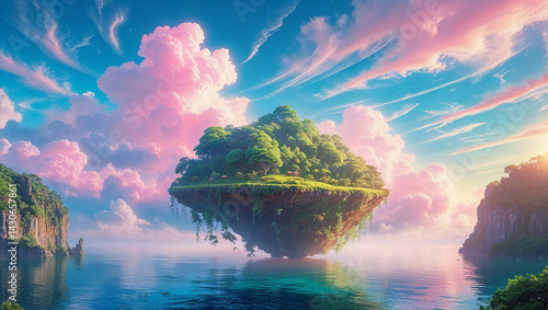 Floating island covered with lush vegetation under pastel pink clouds at sunset