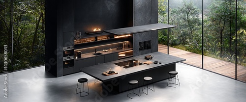 Modern black kitchen with island, glass walls, and outdoor view, minimalist design