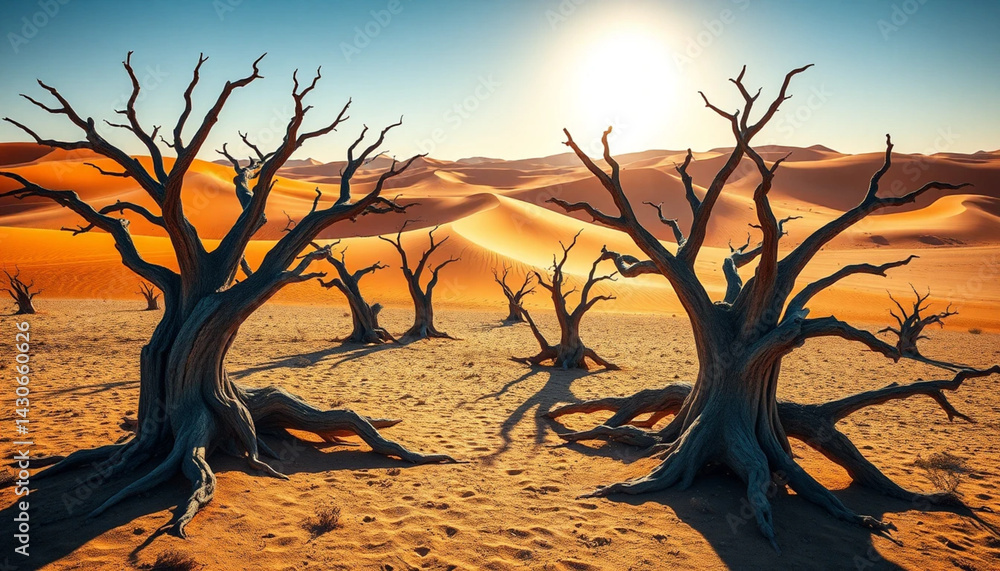 Dried Trees Standing in Desert Sand Dunes with Bright Sun Dried Trees Standing in Desert Sand Dunes with Bright Sun