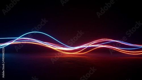 Abstract neon light bands shifting across a dark background  