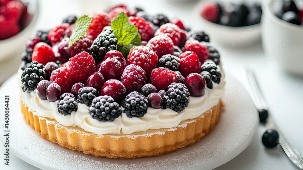Delicious homemade berry tart with cream and powdered sugar cake food mint leaf sweet white tasty Delicious homemade berry tart with cream and powdered sugar cake food mint leaf sweet white tasty
