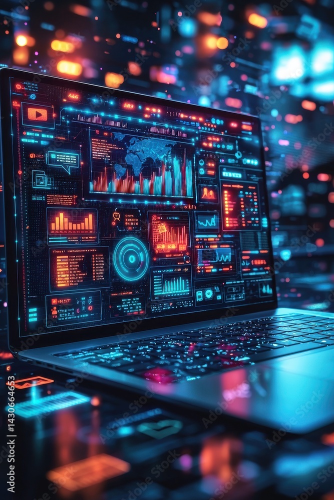 Dynamic data visualization displayed on a laptop screen in a futuristic setting