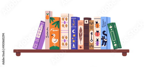 Bookshelf with fairytale, fiction, fantasy and story books. Kids library on shelf. Cover spines row, standing in line. Preschool reading. Flat vector illustration isolated on white background