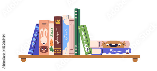 Book shelf with kids fiction. Bookshelf, library, fairytale, storybooks in li...