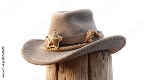 A cartoony cowboy hat adorned with a sheriff's badge rests on a weathered wooden post, surrounded by a vast open landscape reflecting the charm of the Old West era