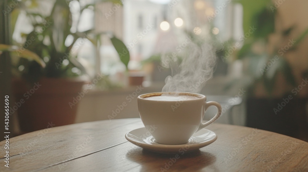 Obraz premium Morning Bliss: Close-Up of Steaming Coffee Cup on Wooden Table in Cafe Ambiance