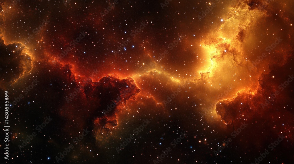 Fototapeta premium Fiery nebula with orange and red cosmic clouds, stars.