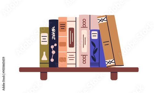 Book shelf with science and non-fiction literature. Academic bookshelf, cover spines standing in line, row. Professional educational reading. Flat vector illustration isolated on white background