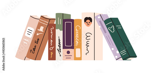 Books in line. Fiction, novel and story literature standing in stack. Storybook row with different covers. Hardcover spines in row, reading. Flat vector illustration isolated on white background