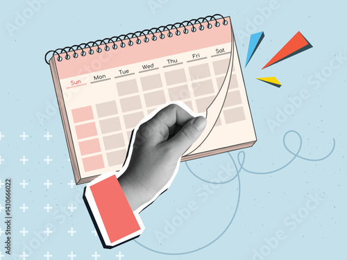 Black and white hand turning calendar page. Modern photo collage style. Vector illustration