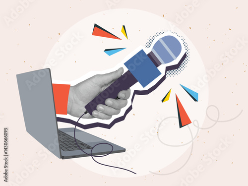 Black and white hand extends a microphone from a laptop monitor. Modern photo collage style. Vector illustration