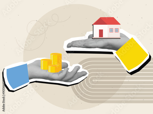 One hand holding a stacks of gold coins and other hand holding a small red house - home purchase. Modern photo collage style. Vector illustration