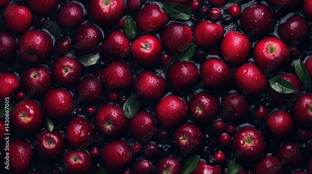 Fresh, vibrant red apples and cranberries, covered in water droplets and fresh leaves. A healthy and colorful food background Fresh, vibrant red apples and cranberries, covered in water droplets and fresh leaves. A healthy and colorful food background